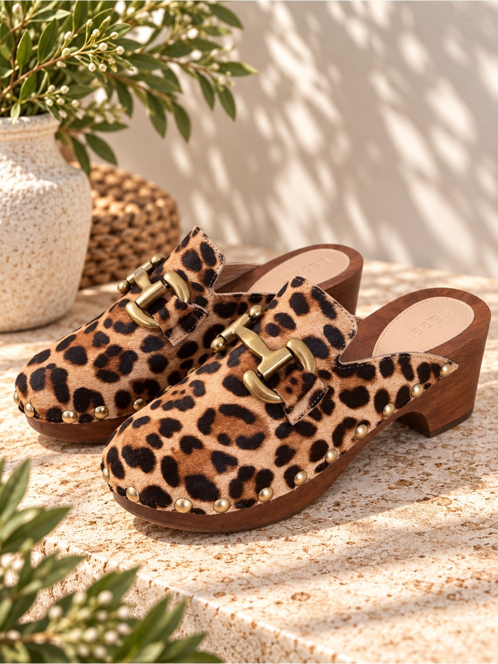 Boden Iris Snaffle Heeled Clogs Leopard Calf Hair Women’s US 10 old money